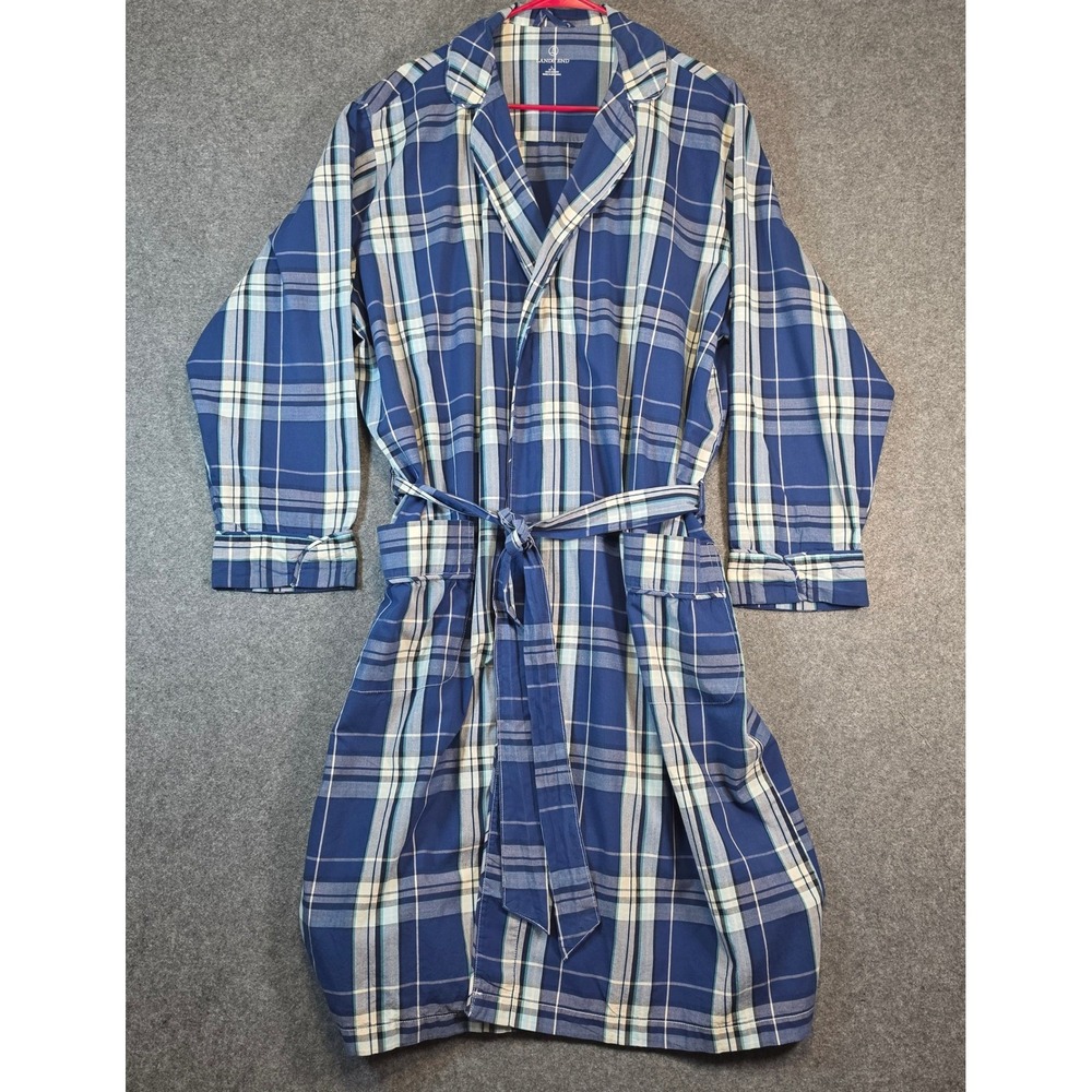 Lands End Mens Blue Plaid Cotton Robe Shawl Collar Lightweight Large 42-44